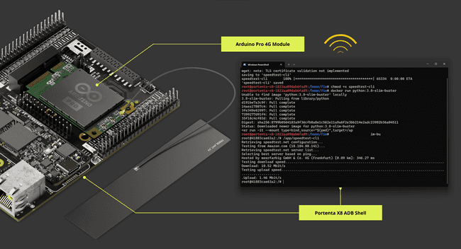 The Portenta Mid Carrier & Pro 4G Module performing Speed Test