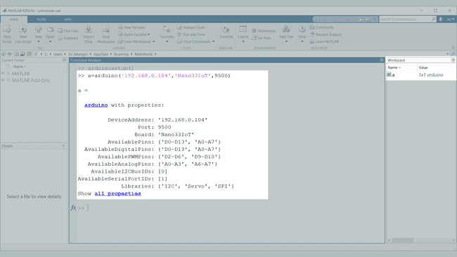 Connection of Arduino Board over Wi-Fi to MATLAB