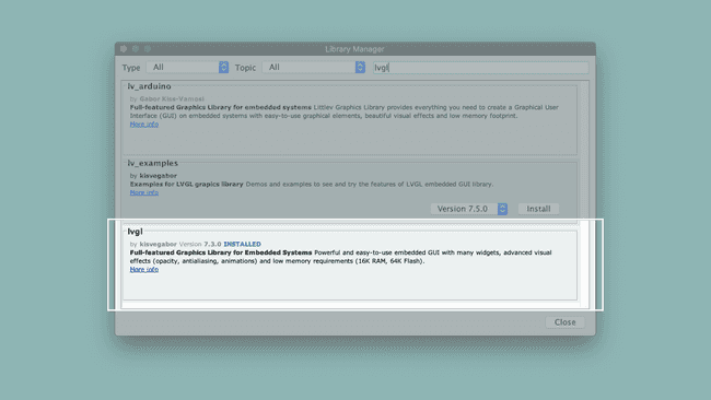 Library Manager showing the installed lvgl library.