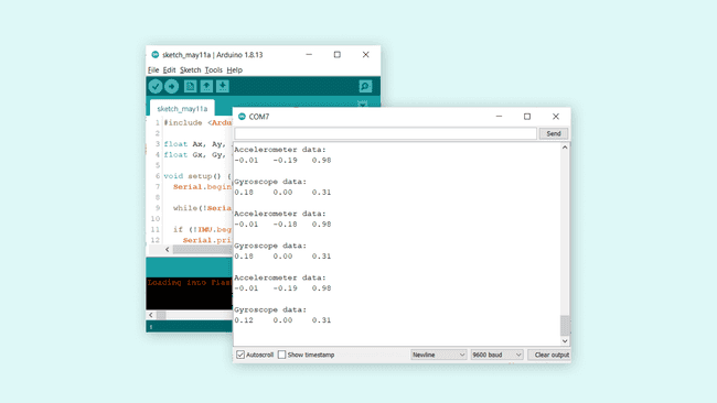 Accelerometer and gyroscope data printed in the Serial Monitor.