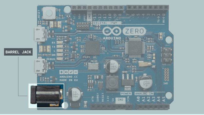 Barrel jack connector of the Arduino Zero board.